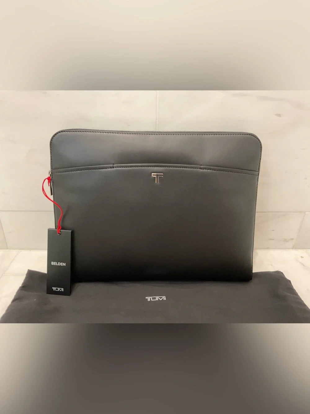 NEW Tumi Belden 13.5” LEATHER Zip Top Laptop Sleeve Bag - BLACK w/ GUNMETAL